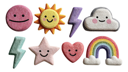 Colorful Cute Shapes with Happy Faces Isolated on Transparent Background