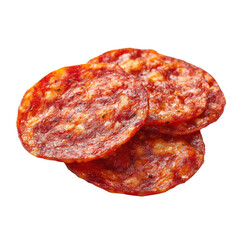Obraz premium Stack of three spicy chorizo sausage slices on a black background meat food