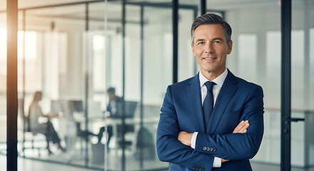 Portrait of a confident businessman in a blue suit standing in a modern office environment smiling