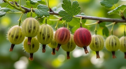 Close-up of ripe and unripe gooseberries hanging from a branch with green leaves.