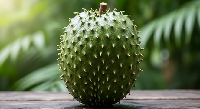 Close-up shot of a fresh, green soursop fruit with a spiky exterior, on a wooden surface.