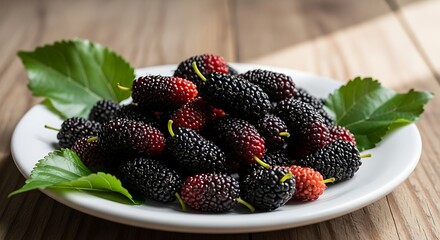 Plate of fresh mulberries with green leaves on a wooden table.