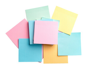 Stack of colorful sticky notes in various pastel shades, arranged on white.