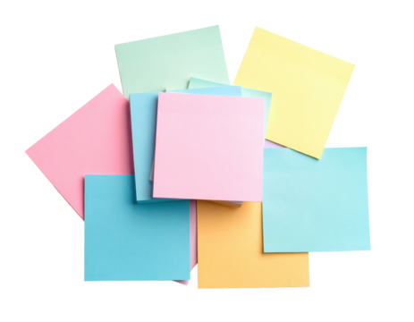 Stack of colorful sticky notes in various pastel shades, arranged on white.