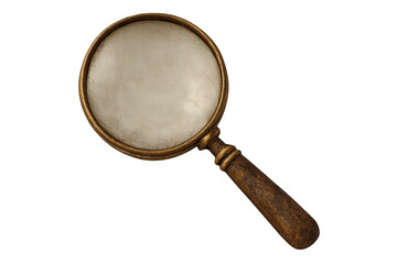 Fototapeta premium Vintage magnifying glass with golden frame and wooden handle inspecting details, symbolizing search and exploration