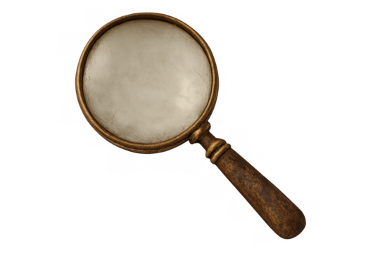 Vintage magnifying glass with golden frame and wooden handle inspecting details, symbolizing search and exploration