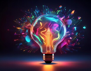 A glowing light bulb, radiating energy. Hints of colorful bursts create a vibrant, innovative concept. The energy radiates into abstract shapes, suggesting inspiration. The core of the idea is the bul