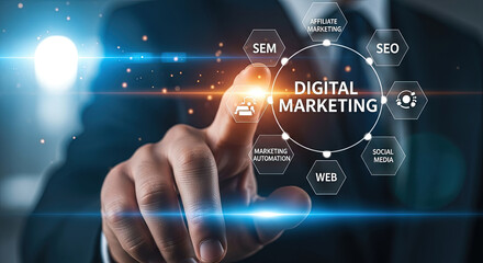Fototapeta premium Digital Marketing Strategy Concept: Businessman Touching Screen with SEO, SEM, Social Media, Web, and Automation Icons. Business Growth Concept.