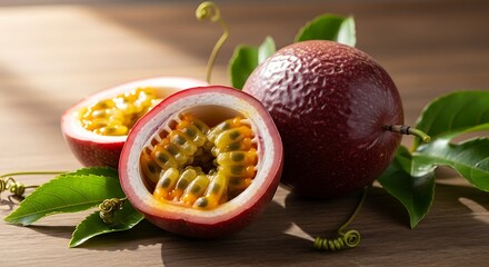 A whole ripe passion fruit and one cut in half displaying its pulp and seeds on a wooden surface with green leaves.