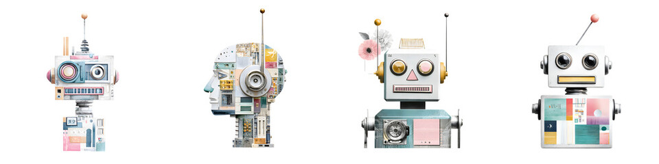 Fototapeta premium Whimsical Watercolor Robot Set: Retro Futurism on White Background
