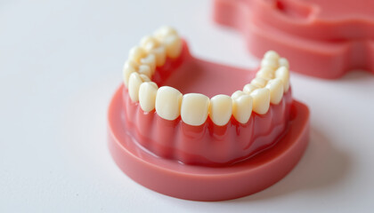 Obraz premium Dental denture model showcases realistic teeth arrangement, highlighting dental education and prosthetic design. This detailed representation aids in understanding oral health and denture fitting