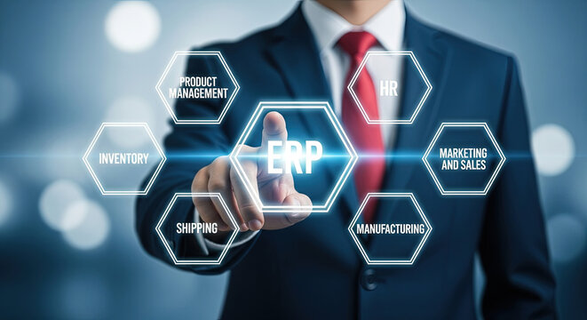 ERP System Implementation: Businessman Pointing at Enterprise Resource Planning Interface for Streamlined Business Processes and Digital Transformation