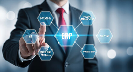 Enterprise Resource Planning (ERP) System Concept with Businessman Touching Screen. Business Process Management, Automation, and Digital Transformation.