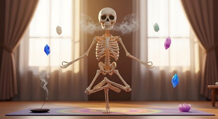 Anatomy of Zen A Skeleton Meditating with Floating Crystals and Sacred Smoke.