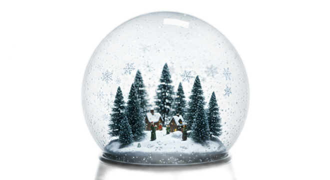 Charming winter scene inside a snow globe with miniature houses and trees, evoking holiday magic and festive cheer for heartfelt seasonal projects