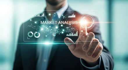 Innovative Market Analysis Concept: Businessman Interacting with Digital Interface for Data Analytics and Business Intelligence Solutions for Growth