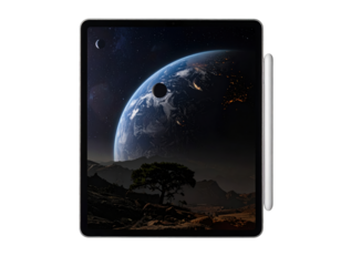 Tablet displaying a digital artwork of Earth rising over a landscape.