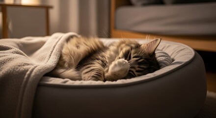 A fluffy tabby cat is sleeping peacefully in its cozy bed, covered with a soft blanket.