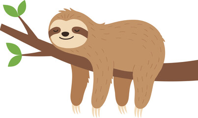 Cute Flat Illustration of Sloth Sleeping on a Branch Icon © Dika