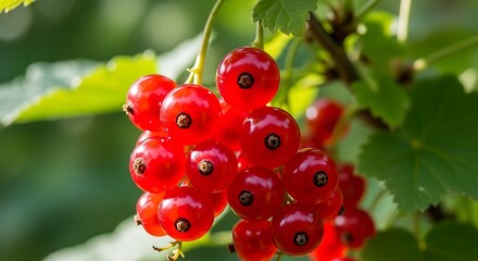 Close-up of a vibrant cluster of ripe red currants on a branch with blurred green leaves in the background.