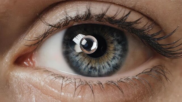 Eye Drop Falling into Human Eye. Symbolizes ophthalmology, vision care, and medical treatment.