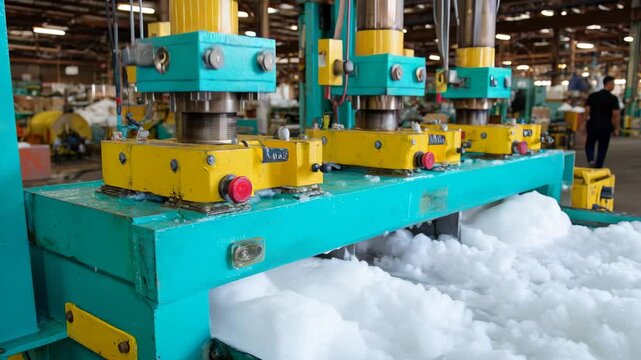 Closeup of an industrial foam compactor crushing foam waste in a factory setting highlighting mechanical pistons and control panels.