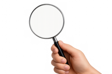 Hand holding magnifying glass for search, analysis, and investigation with transparent background