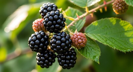 Close-up shot of ripe blackberries growing on a thorny branch with green leaves in sunlight.