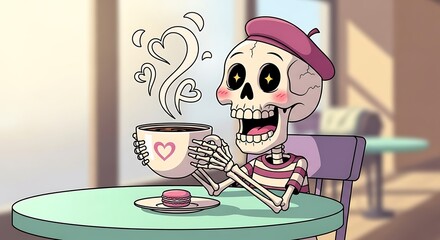 Animated Skeleton Enjoying Coffee with Heart Steam, Macaron, and Beret, Cafe Scene.