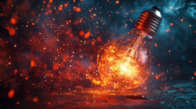 Burning lightbulb, fiery explosion, dark background, creative image, photorealistic, dramatic scene, ideal for posters, prints