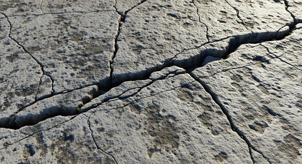 Cracked concrete surface with deep fissures and textured details creating abstract pattern ideal for backgrounds and textures