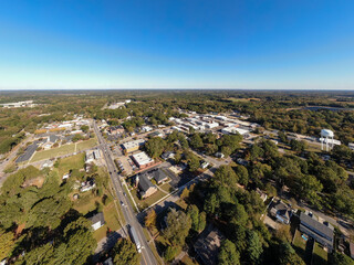 Sunny Daytime Aerial Drone Images of Downtown Zebulon North Carolina, and Surrounding Areas. 