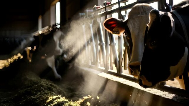 Cows Feeding in Barn with Sunlight Streaming Through Windows