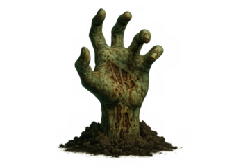 Zombie hand emerging from grave dirt, undead reanimating for halloween or horror concepts, transparent background