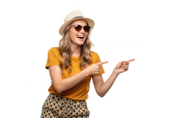 Smiling woman with hat pointing isolated on transparent background