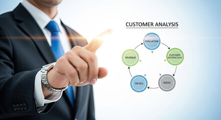 Businessman Analyzing Customer Data and Satisfaction Metrics, Touching Screen with Business Strategy, Evaluation, Revenue, Trends, and Needs Concept