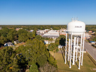 Sunny Daytime Aerial Drone Images of Downtown Zebulon North Carolina, and Surrounding Areas. 