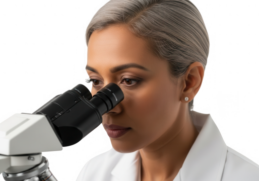 Woman using microscope isolated on transparent background