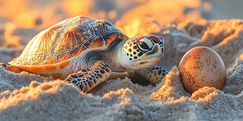 Peaceful Turtle Resting Beside Egg on Soft Sandy Beach