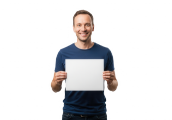 Man holding a blank sign isolated on transparent background