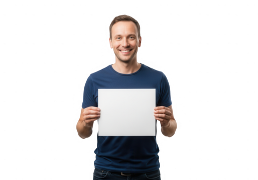Man holding a blank sign isolated on transparent background