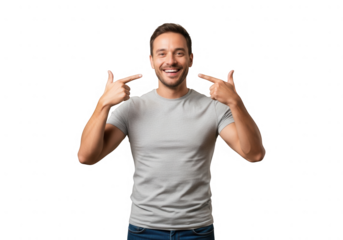 Cheerful man pointing at his smile isolated on transparent background