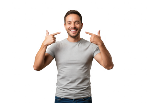 Cheerful man pointing at his smile isolated on transparent background - Powered by Adobe