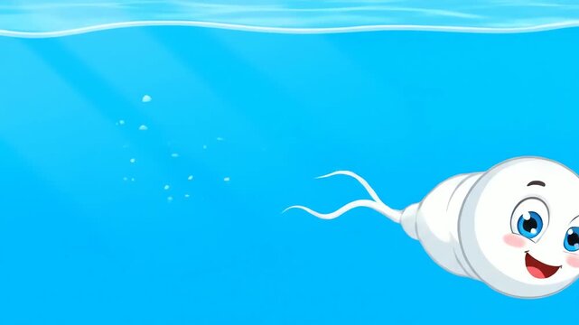 Animated sperm character swimming in blue water background