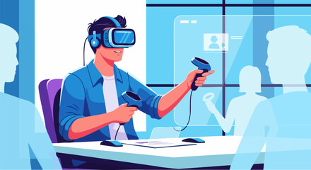 Man explores virtual reality with headset and controllers