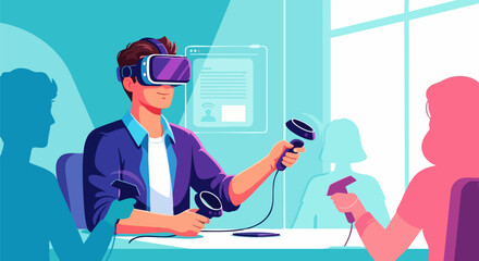 Man experiences virtual reality with headset and controllers