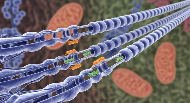 Microscopic view of actin filaments with myosin motor proteins