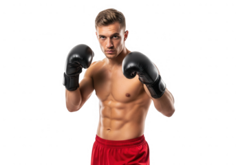 Muscular boxer in fighting stance isolated on transparent background