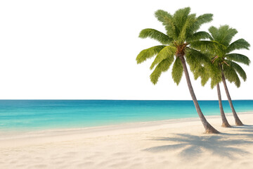Obraz premium Tropical beach scene with palm trees on white sand, crystal clear turquoise ocean, and transparent background