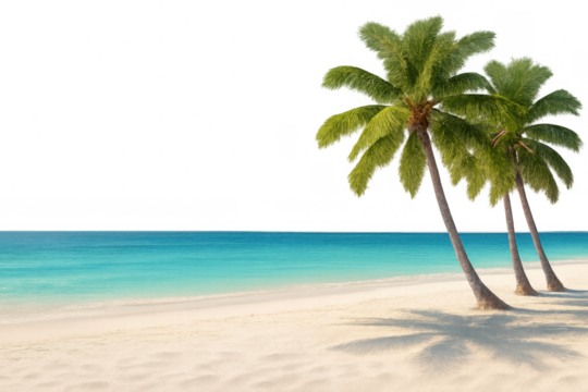 Tropical beach scene with palm trees on white sand, crystal clear turquoise ocean, and transparent background